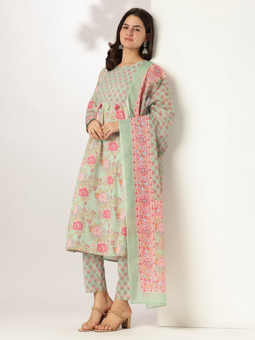 Janasya Light Cotton Floral A-Line Kurta Set - Distacart