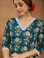 Janasya Dark Cambric Floral A-Line Kurta Set
