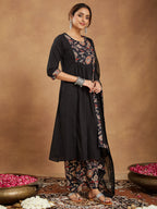 Janasya Dark Cotton Floral A-Line Kurta Set