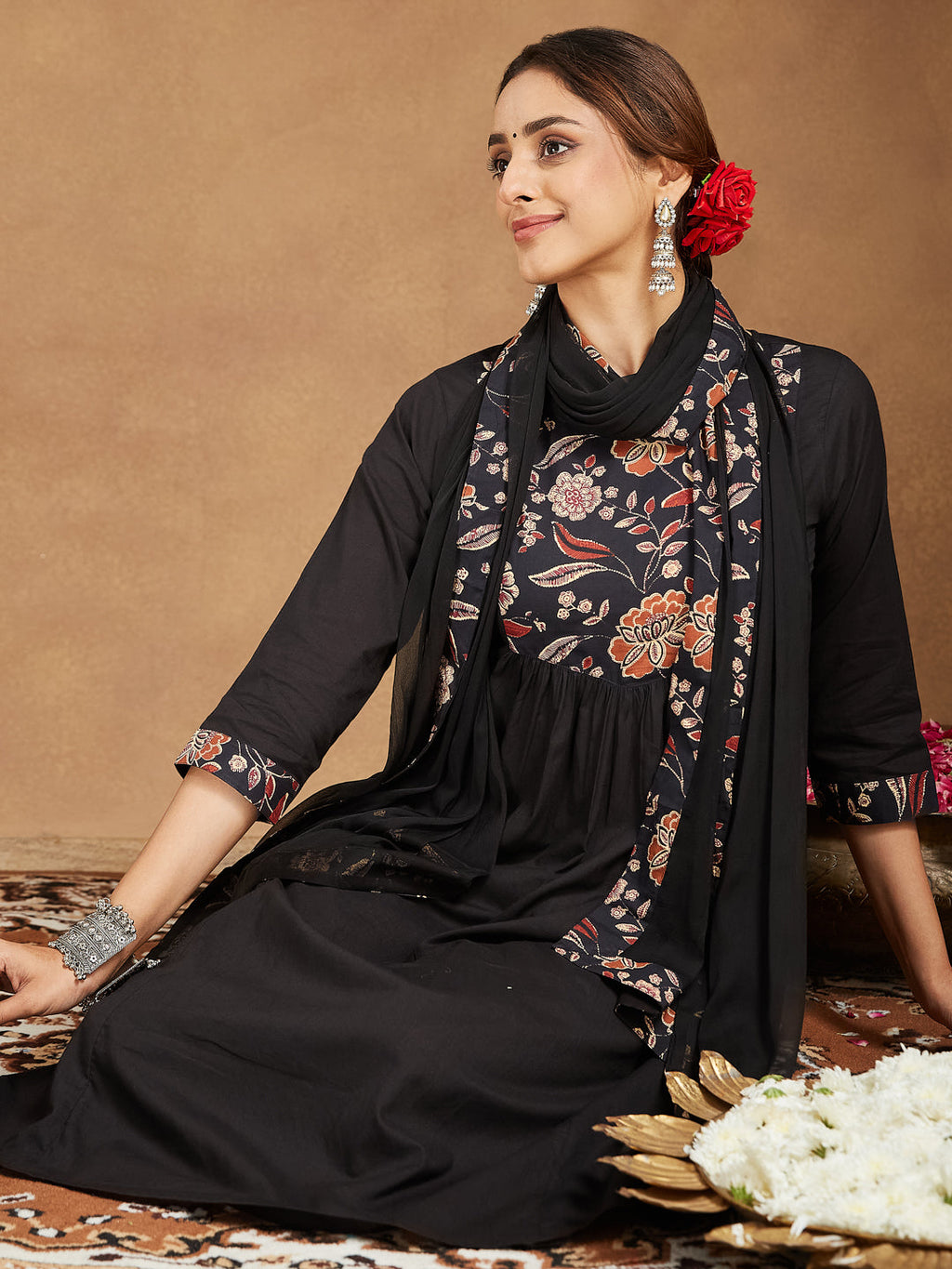 Janasya Dark Cotton Floral A-Line Kurta Set