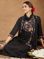Janasya Dark Cotton Floral A-Line Kurta Set
