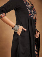 Janasya Dark Cotton Floral A-Line Kurta Set
