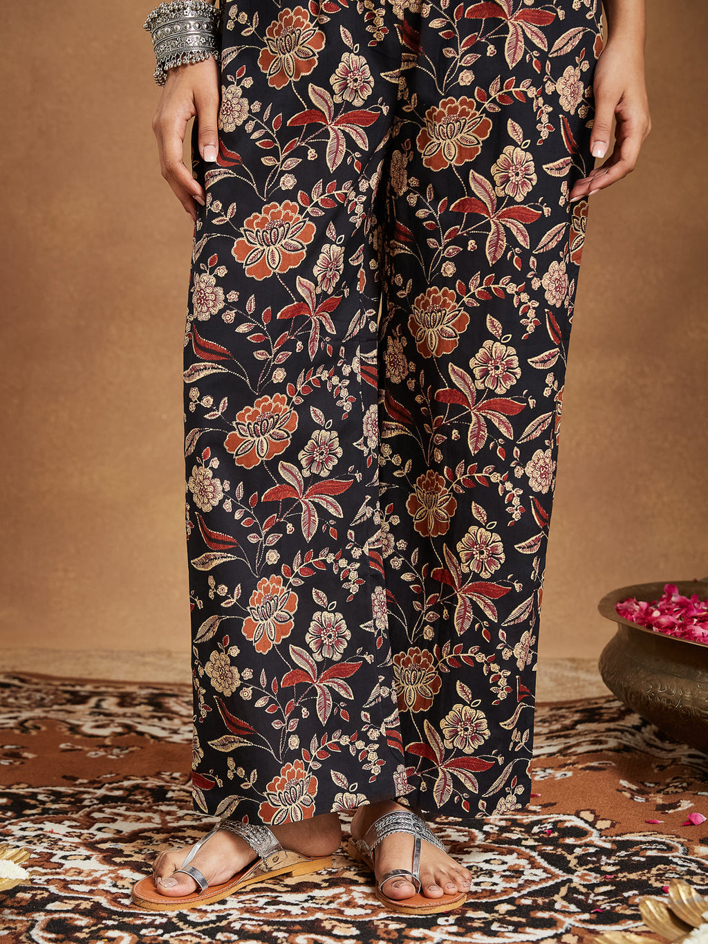 Janasya Dark Cotton Floral A-Line Kurta Set