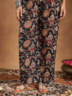 Janasya Dark Cotton Floral A-Line Kurta Set