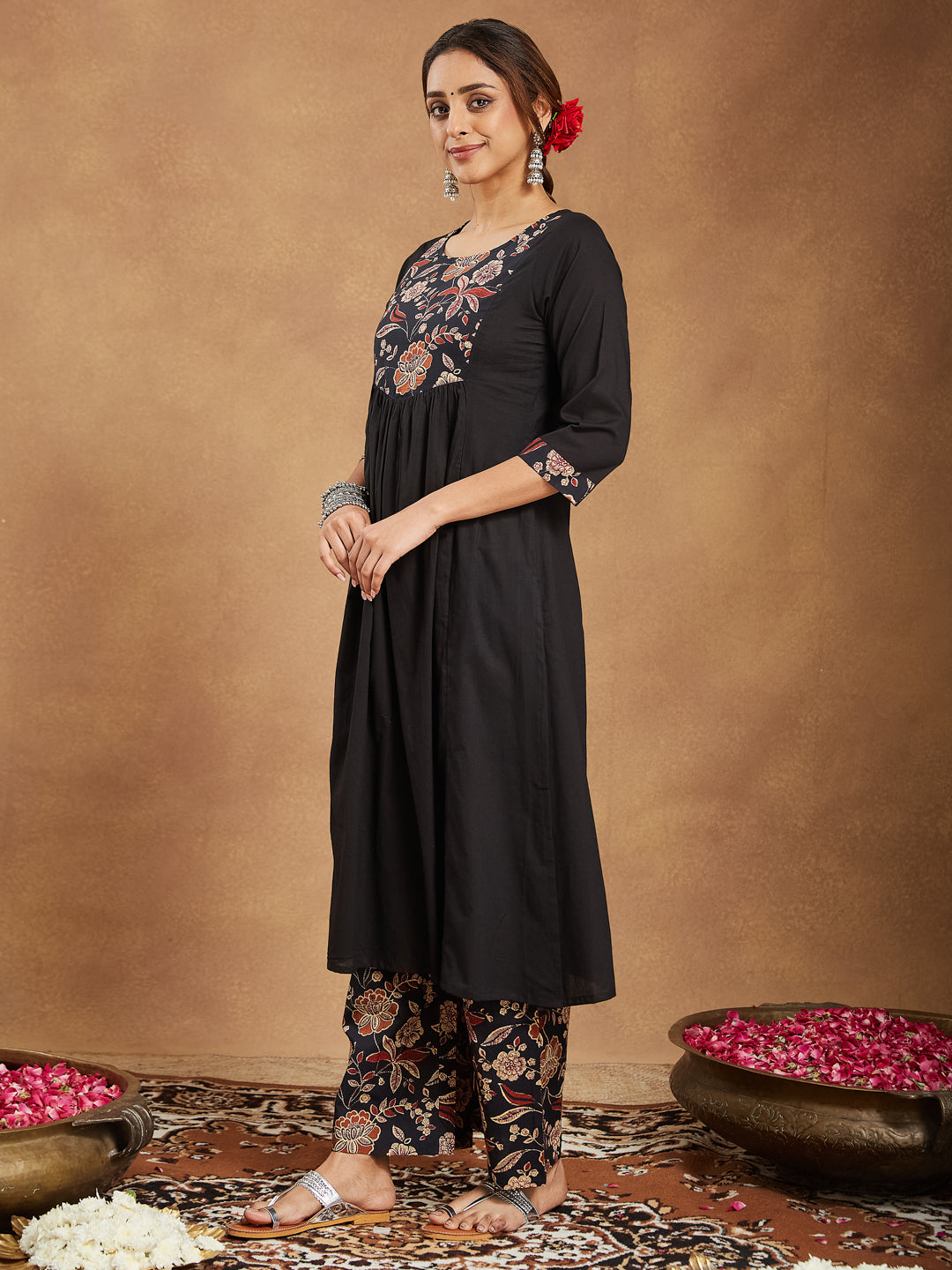 Janasya Dark Cotton Floral A-Line Kurta Set