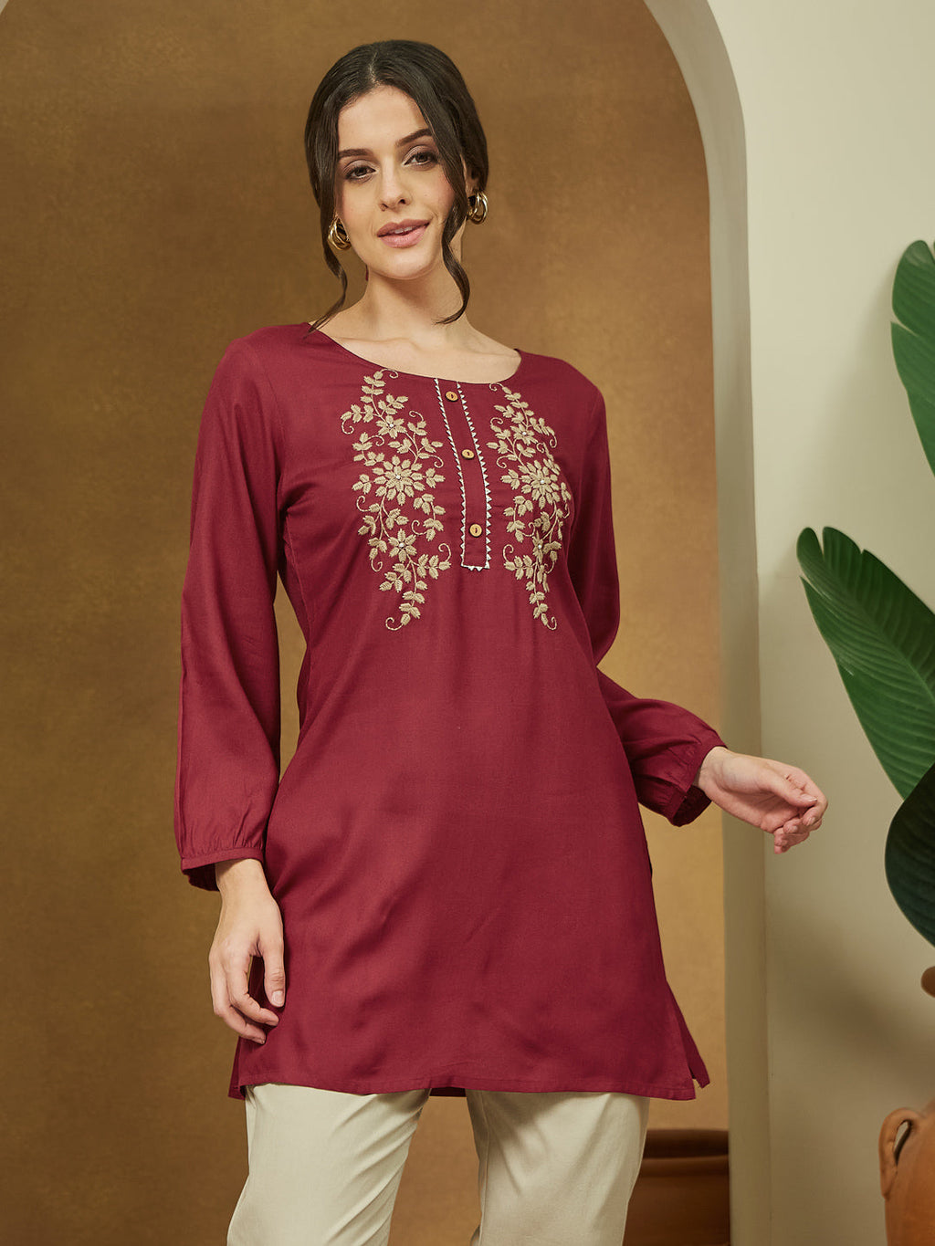 Janasya Dark Rayon Embroidered Straight Tunic