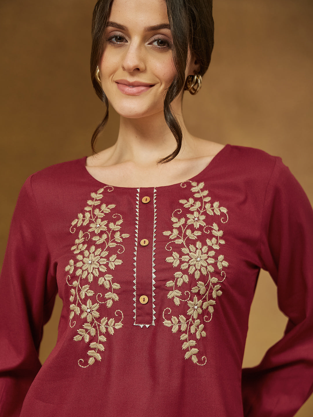 Janasya Dark Rayon Embroidered Straight Tunic