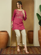 Janasya Dark Rayon Embroidered Straight Tunic