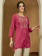 Janasya Dark Rayon Embroidered Straight Tunic