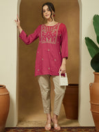 Janasya Dark Rayon Embroidered Straight Tunic