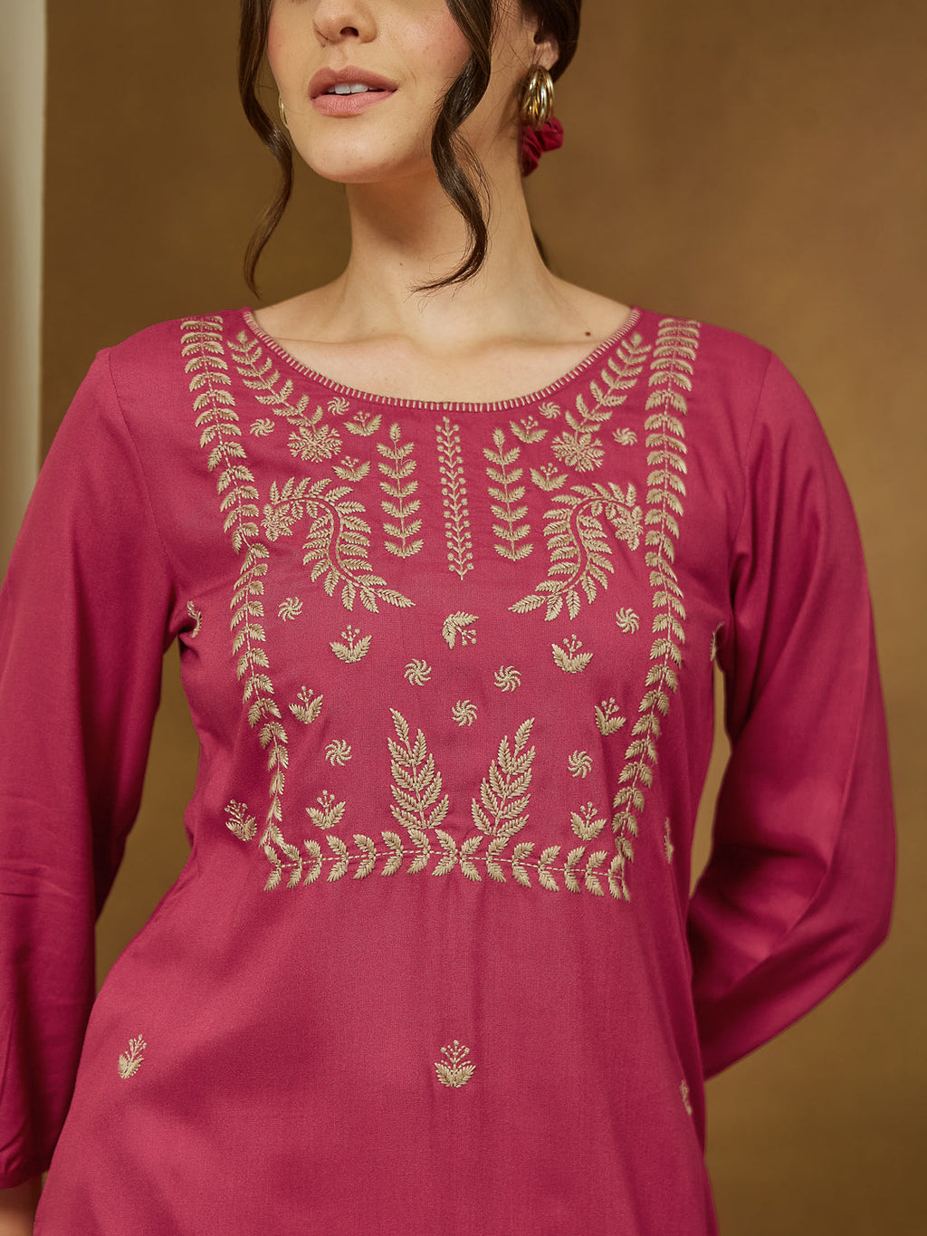 Janasya Dark Rayon Embroidered Straight Tunic