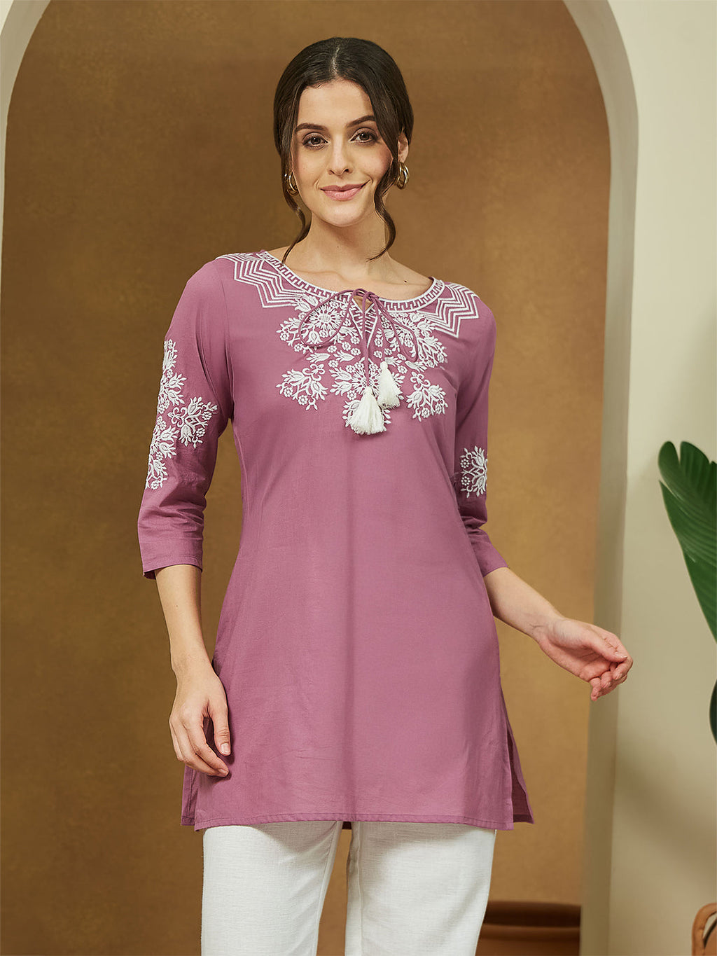 Janasya Dark Cotton Embroidered Straight Tunic
