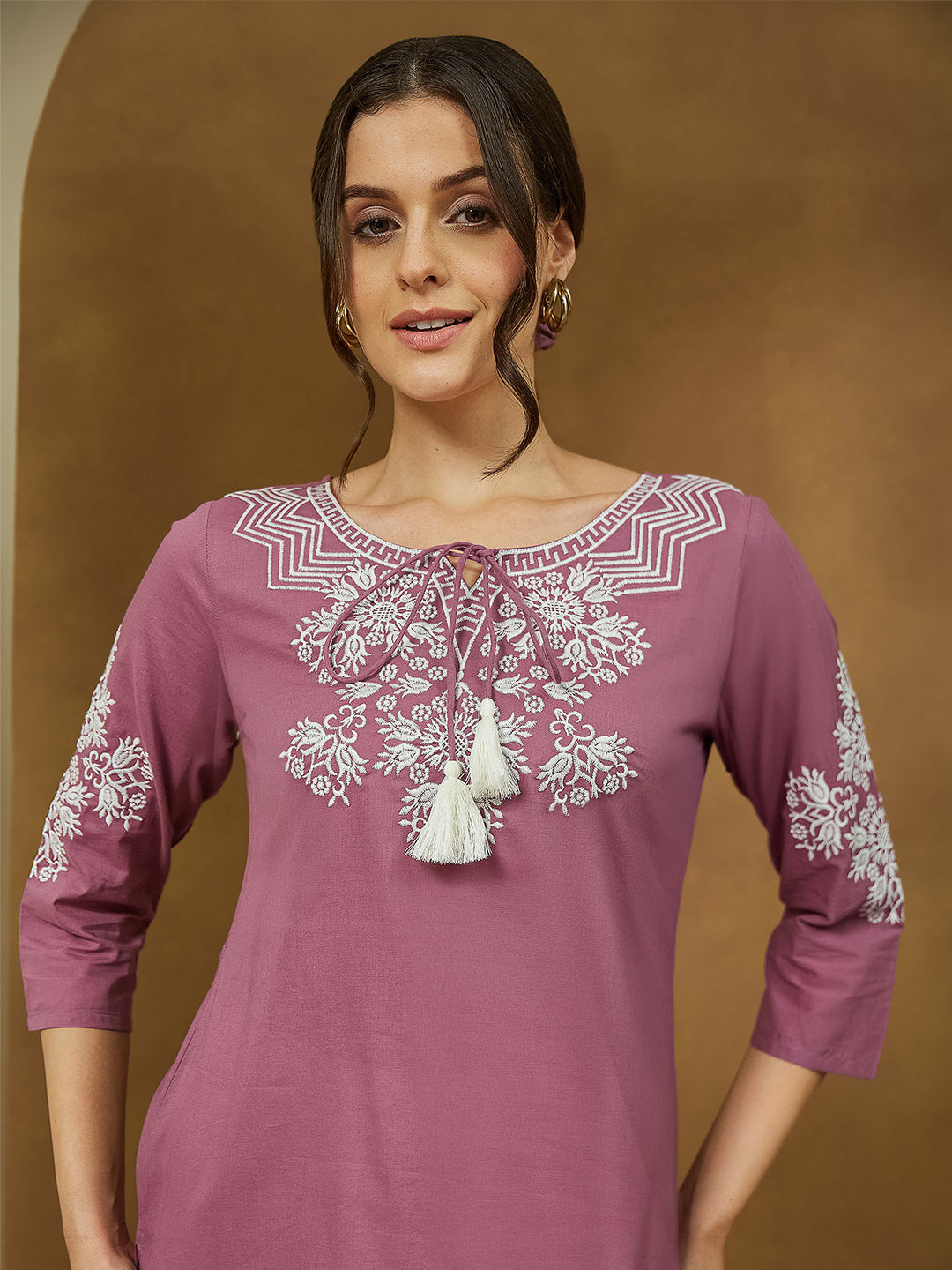 Janasya Dark Cotton Embroidered Straight Tunic