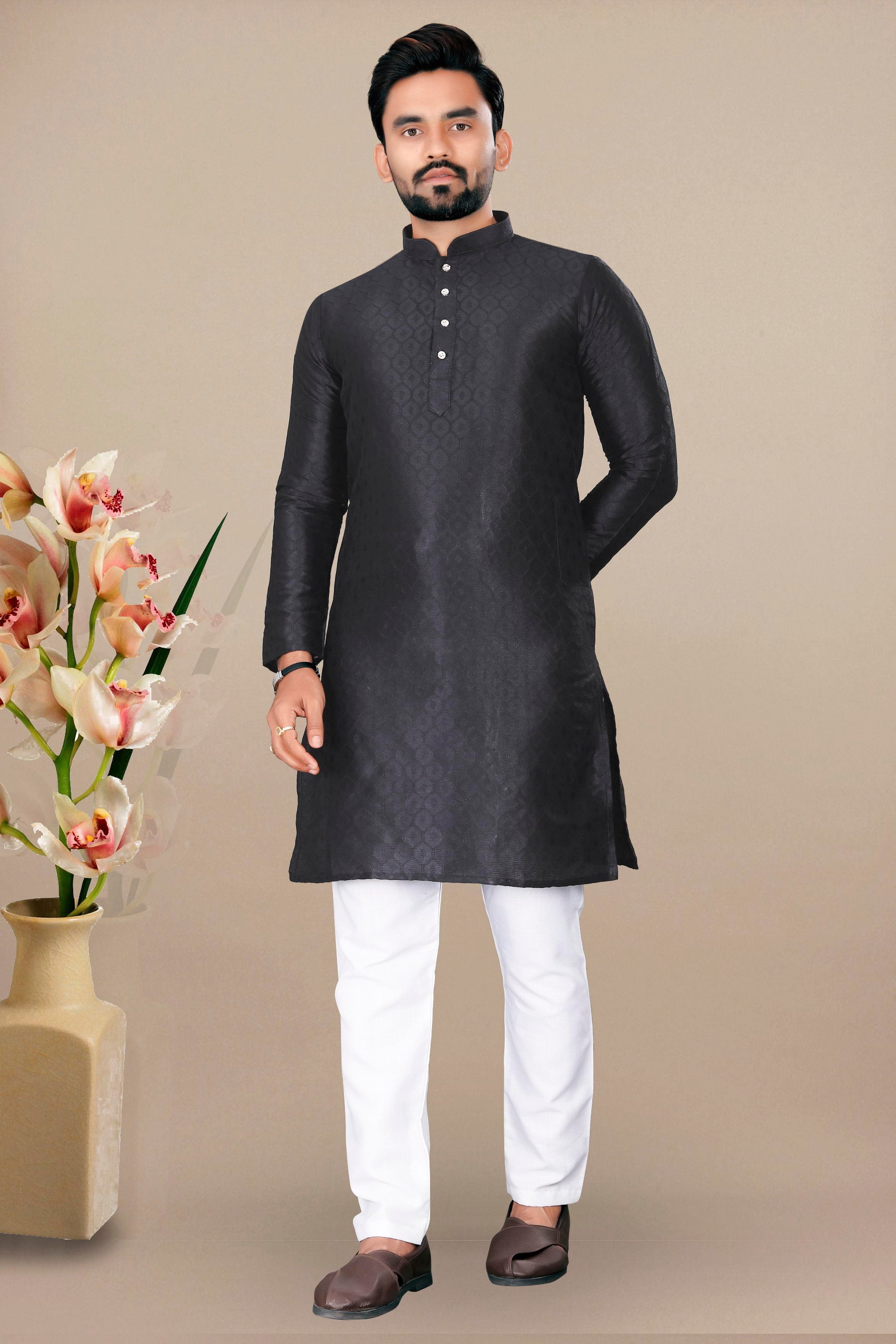 Neera Trendz Black Jacquard Work Men's Kurta With Pyjama