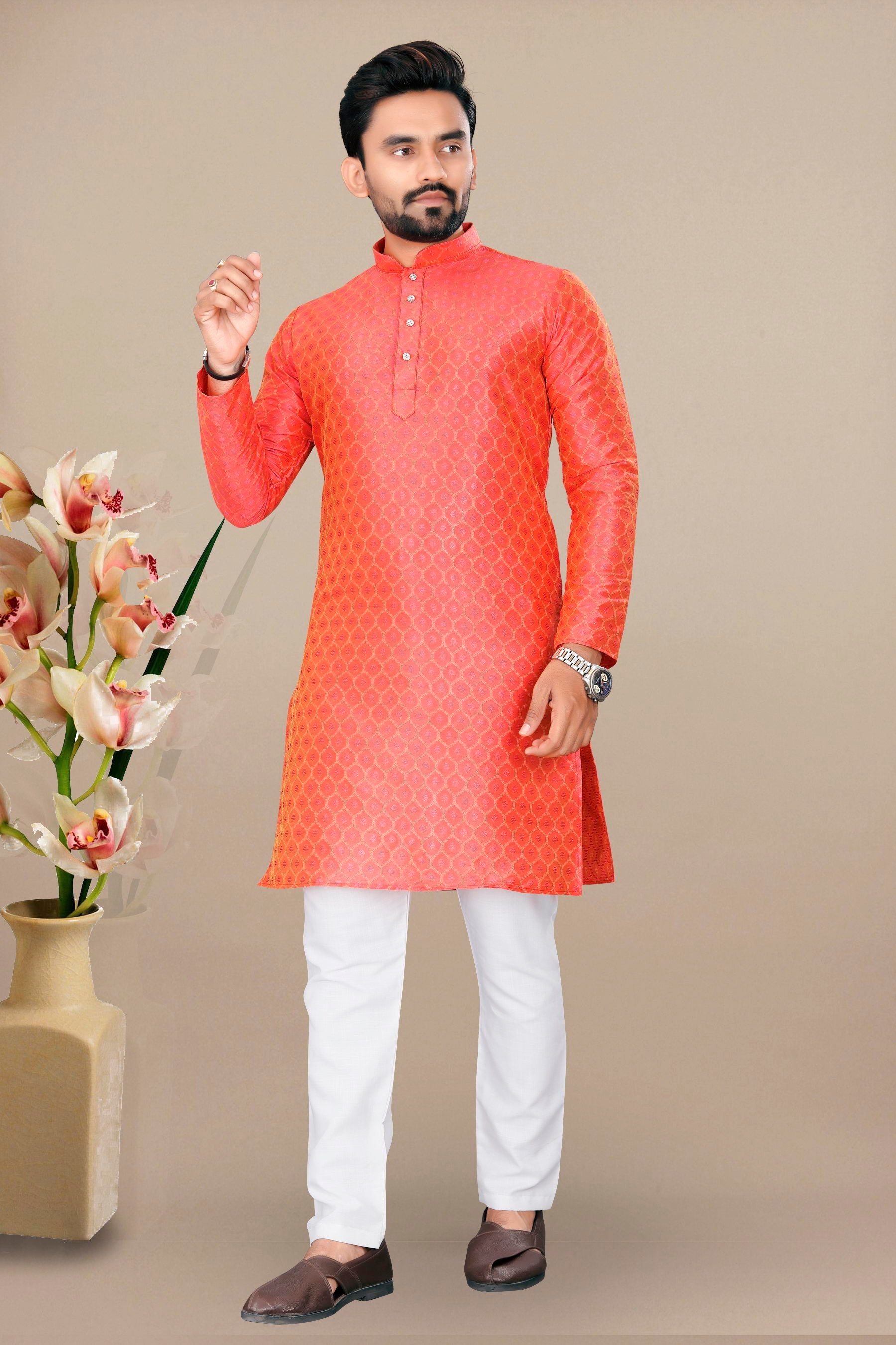 Neera Trendz Orange Jacquard Work Men's Kurta With Pyjama