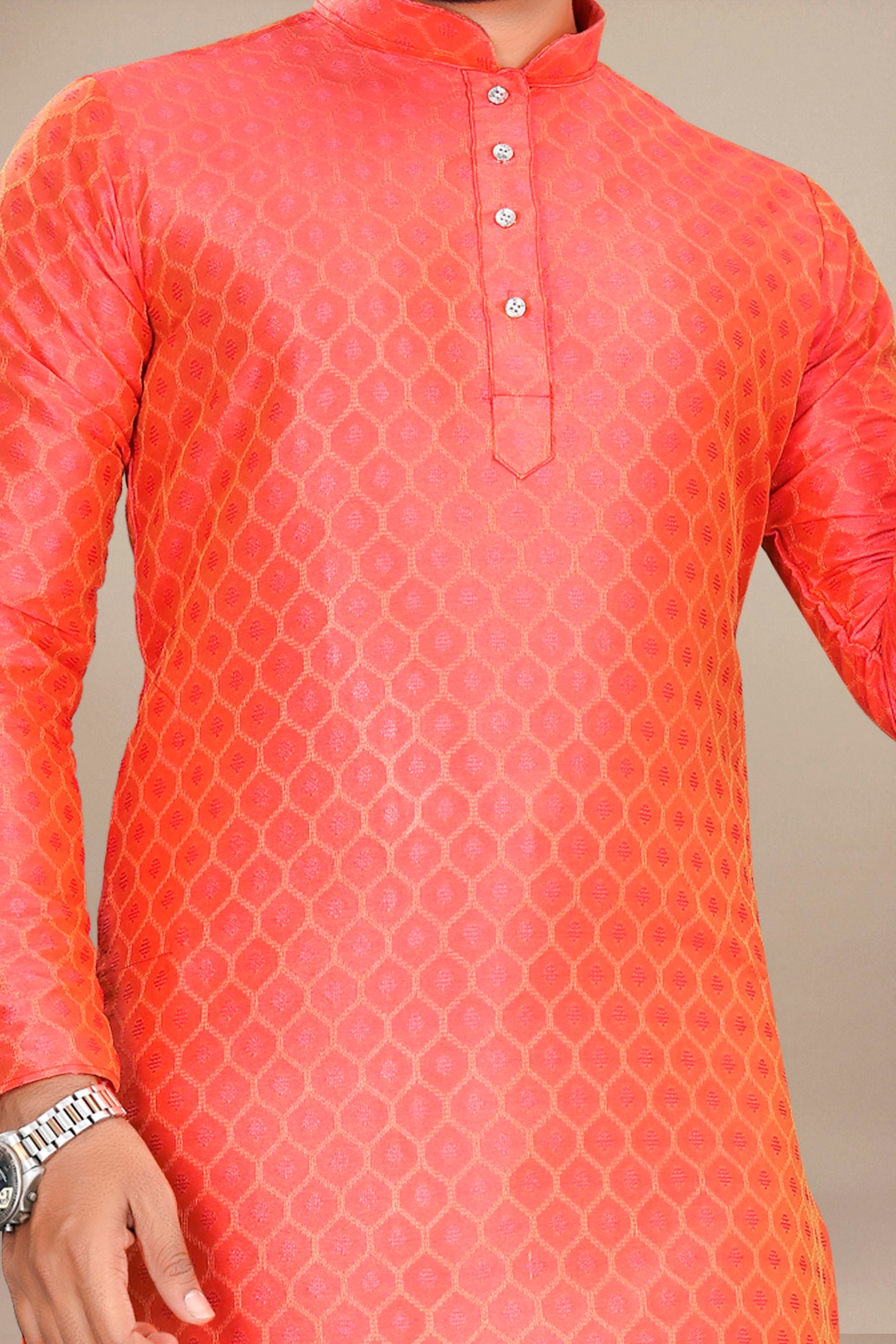 Neera Trendz Orange Jacquard Work Men's Kurta With Pyjama