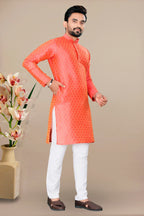 Neera Trendz Orange Jacquard Work Men's Kurta With Pyjama