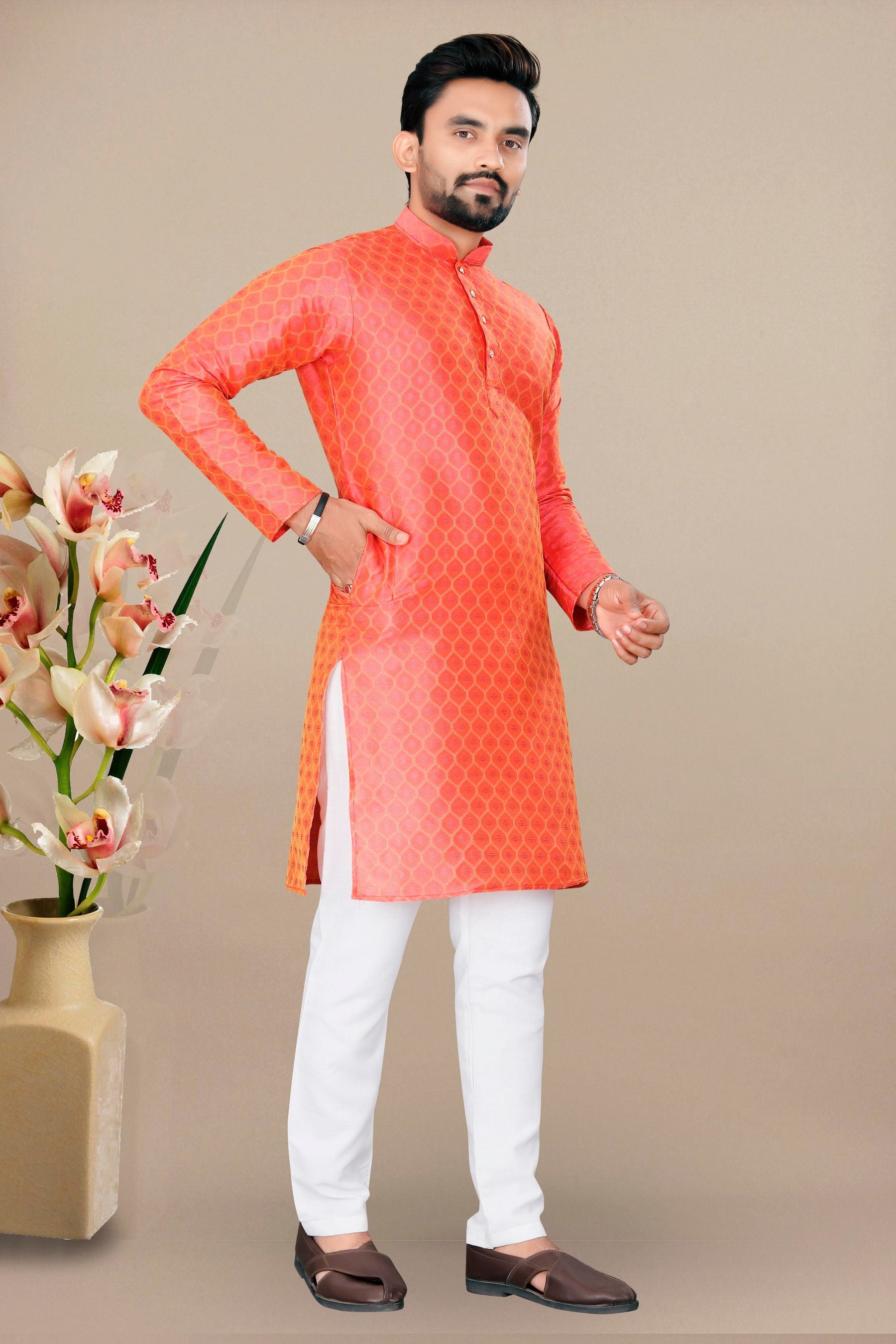 Neera Trendz Orange Jacquard Work Men's Kurta With Pyjama