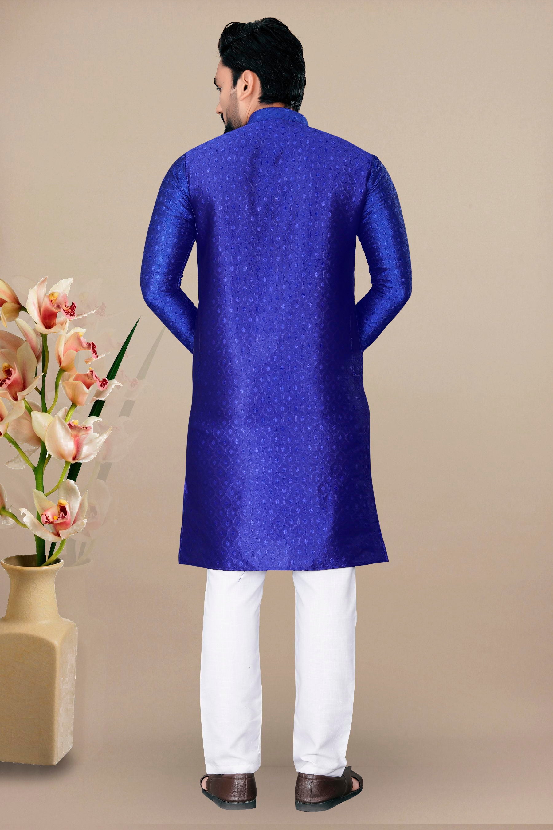 Neera Trendz Royal Blue Jacquard Work Men's Kurta With Pyjama