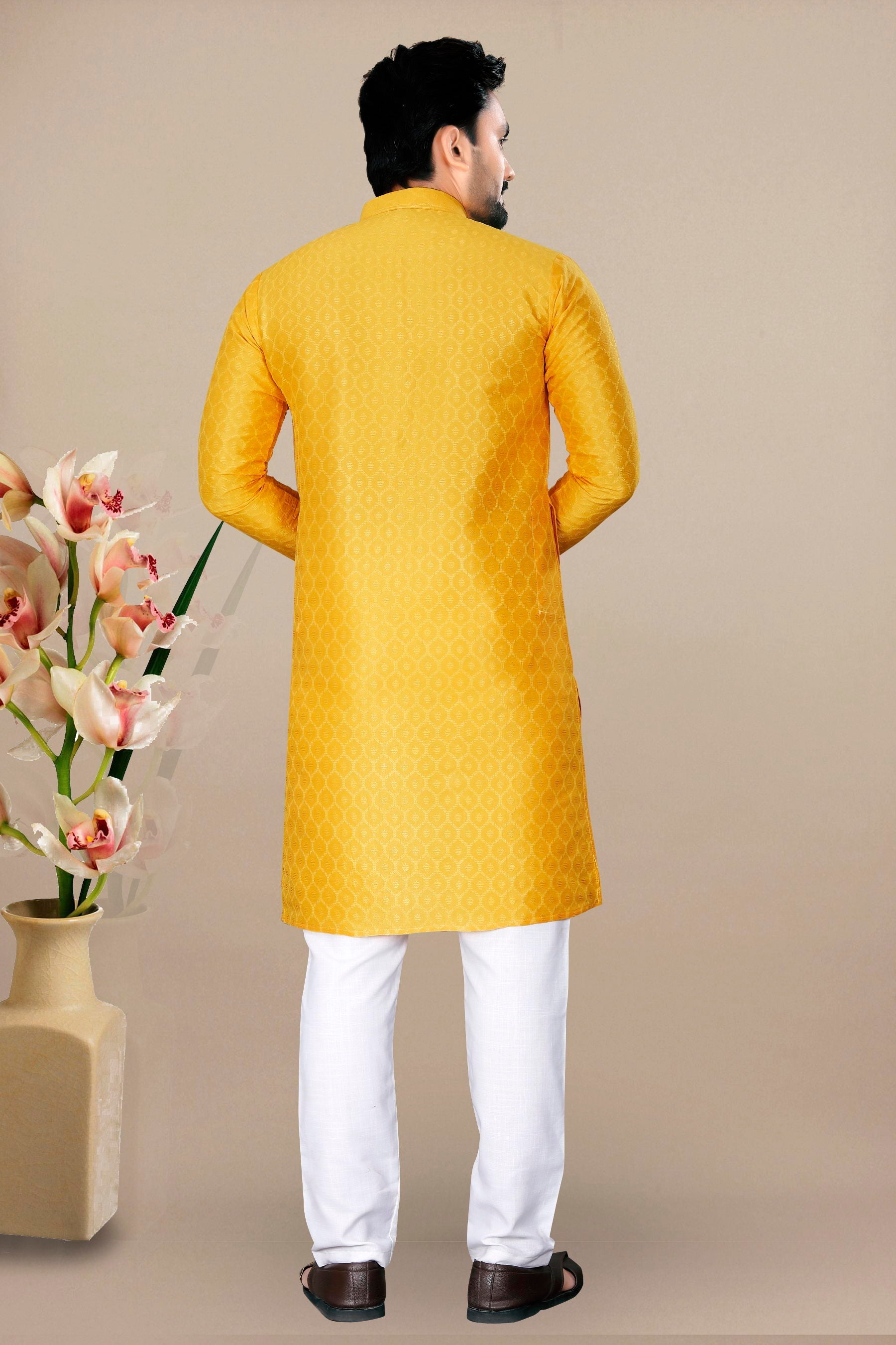 Neera Trendz Yellow Jacquard Work Men's Kurta With Pyjama