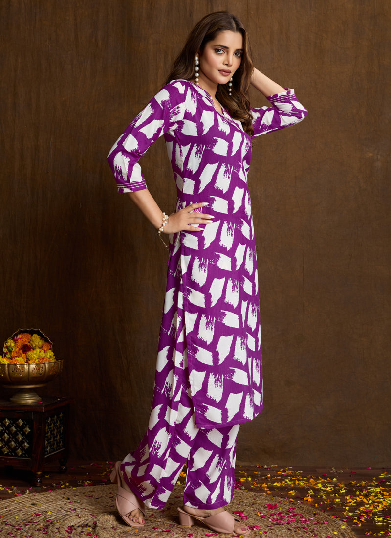 Prazu Fashion Purple Printed Cotton Blend Kurta Pant Set - Distacart