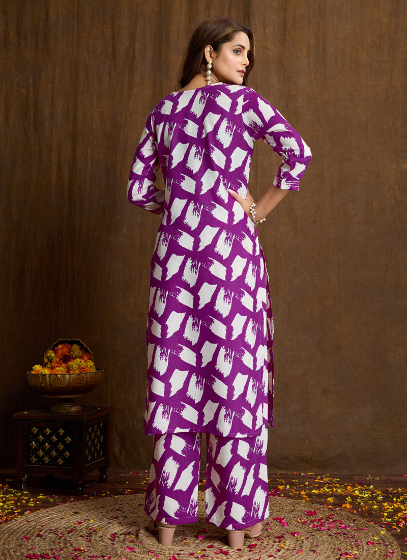 Prazu Fashion Purple Printed Cotton Blend Kurta Pant Set - Distacart