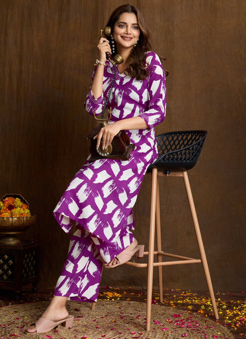 Prazu Fashion Purple Printed Cotton Blend Kurta Pant Set - Distacart