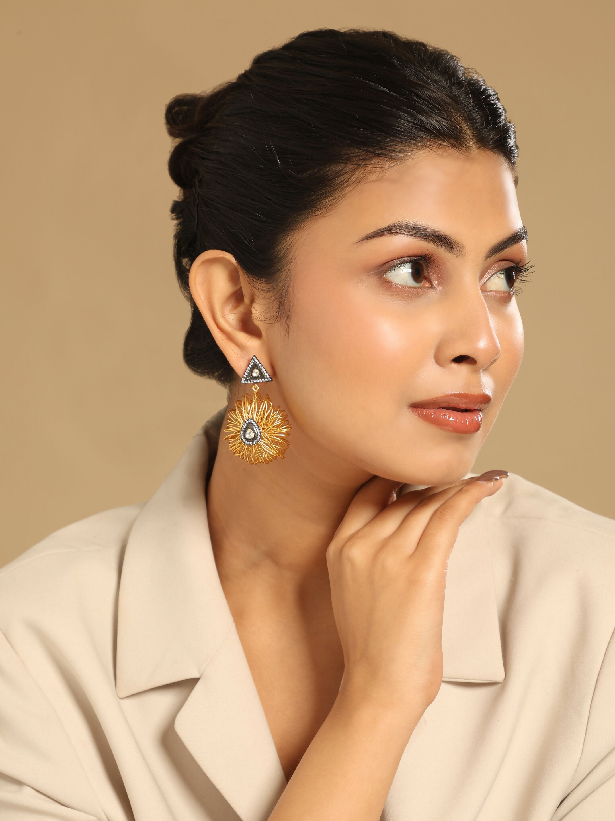Nuyug 18K Gold-Plated Stones & American Diamond Studded Contemporary Wire Drop Earrings - Distacart