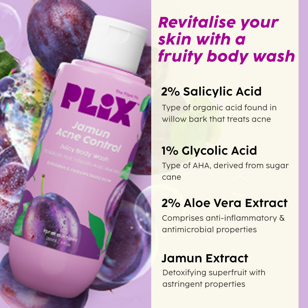 PLIX The Plant Fix Jamun Skincare With Cleanser, Body Wash & Active Acne Serum For Women & Men