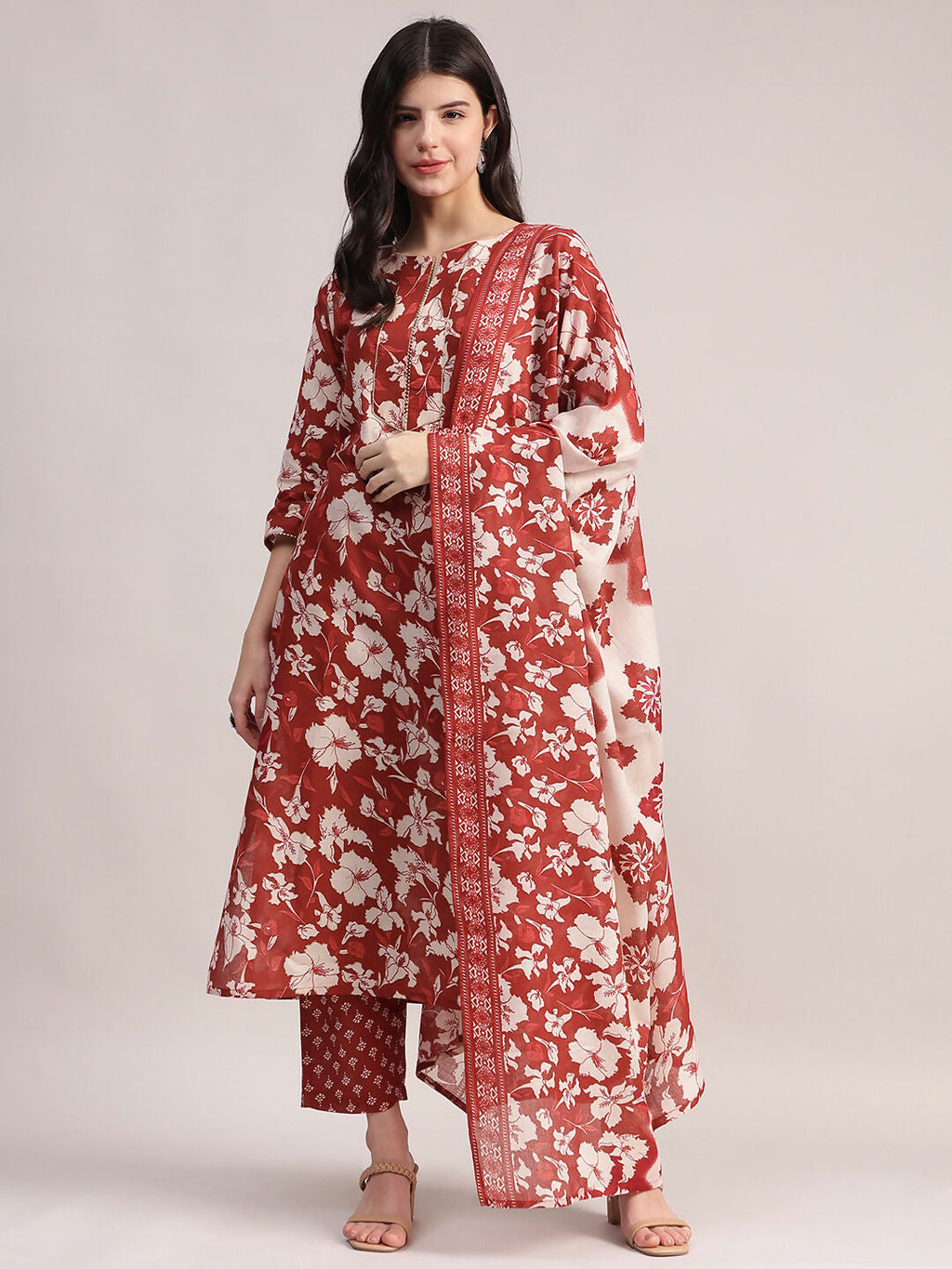 Aavyora Women Maroon Floral Printed Kurta with Printed Pants & Dupatta Set