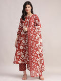 Aavyora Women Maroon Floral Printed Kurta with Printed Pants & Dupatta Set