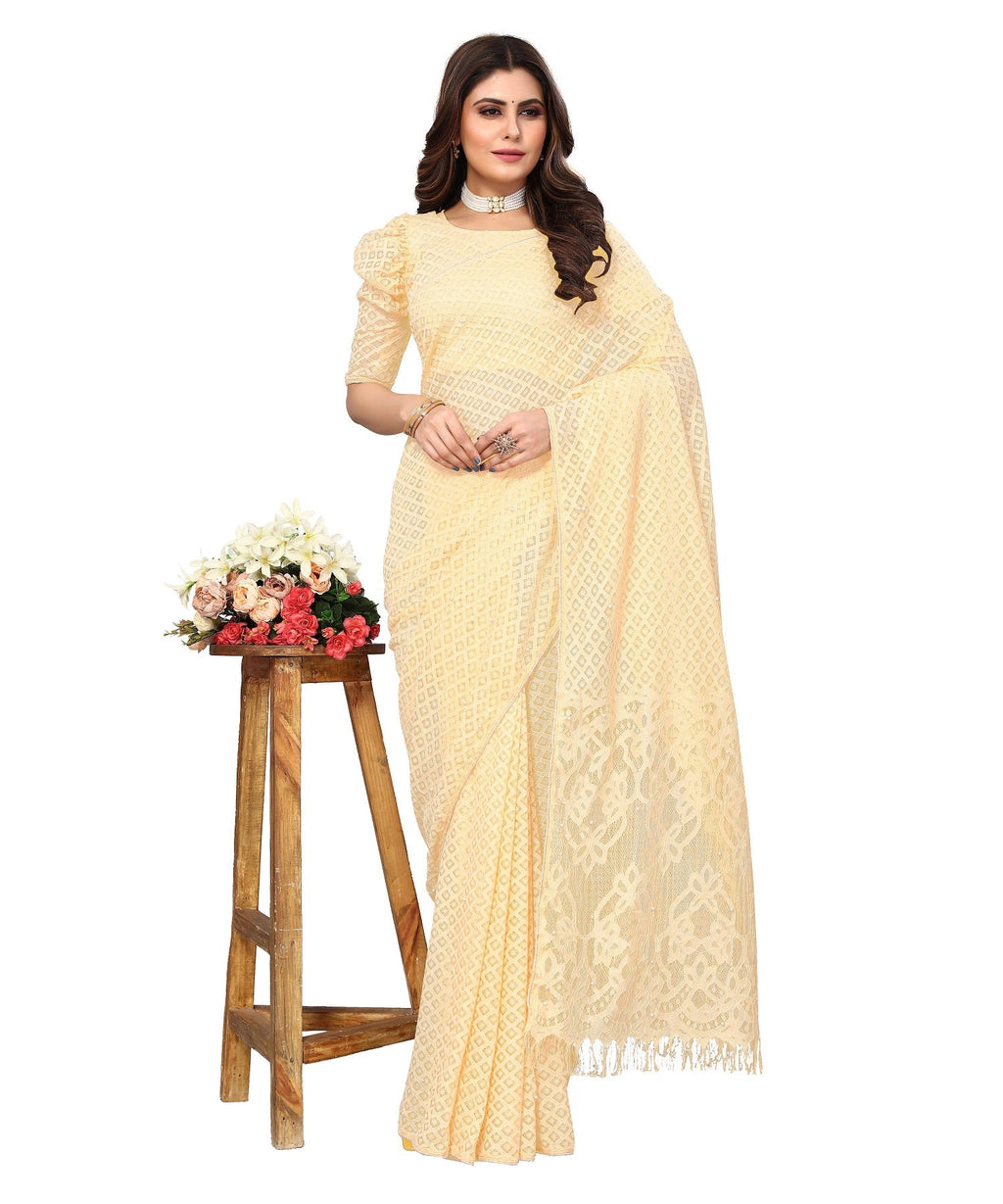 Vamika Net Brasso Cream Light Weight Trendy Look Bollywood Style Saree