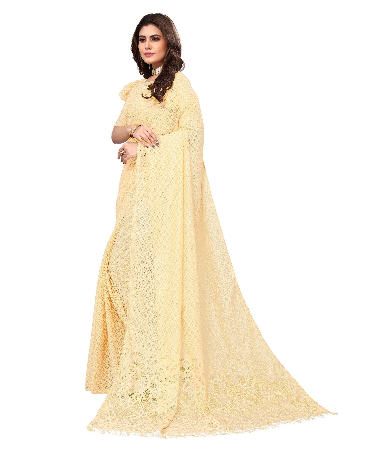 Vamika Net Brasso Cream Light Weight Trendy Look Bollywood Style Saree