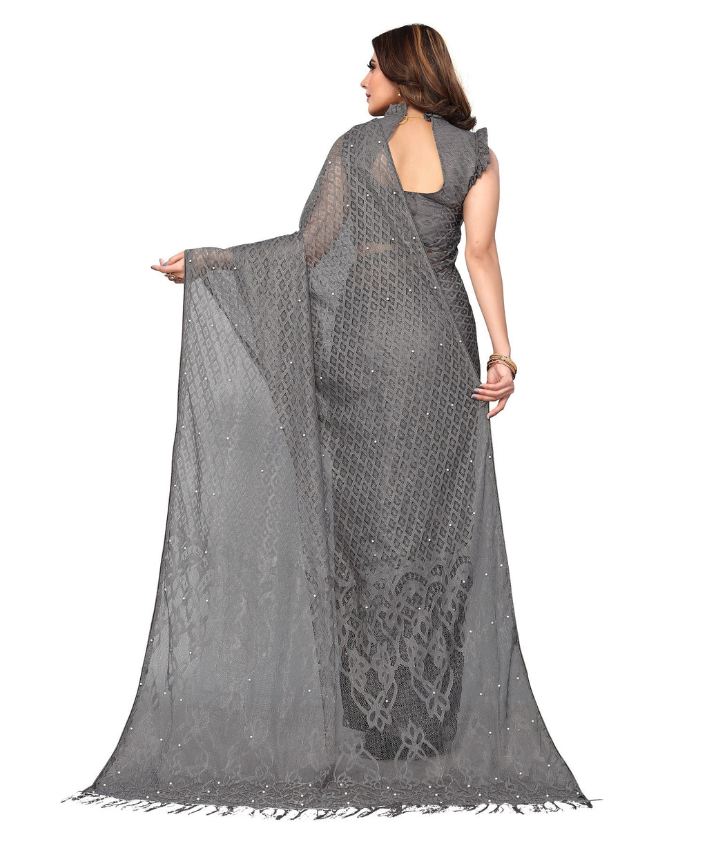 Vamika Net Brasso Grey Light Weight Trendy Look Bollywood Style Saree - Distacart