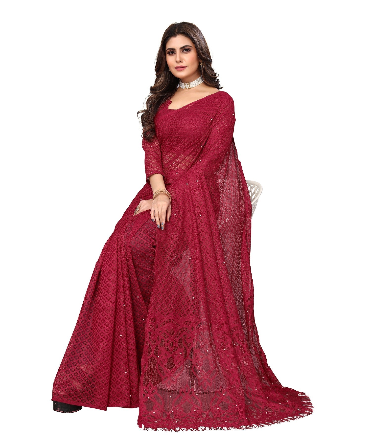 Vamika Net Brasso Maroon Light Weight Trendy Look Bollywood Style Saree