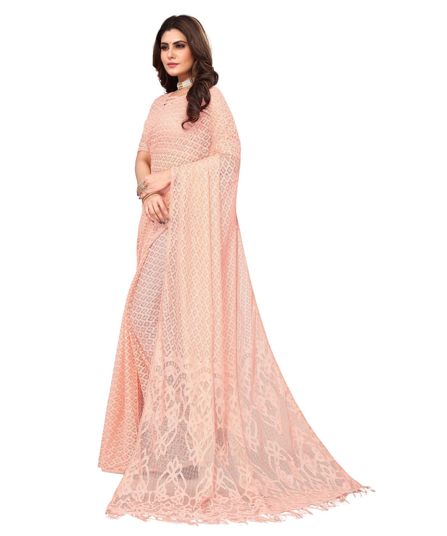 Vamika Net Brasso Peach Light Weight Trendy Look Bollywood Style Saree