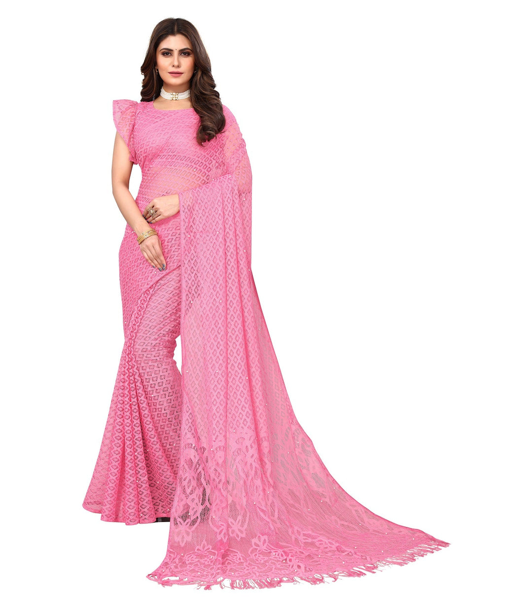 Vamika Net Brasso Pink Light Weight Trendy Look Bollywood Style Saree