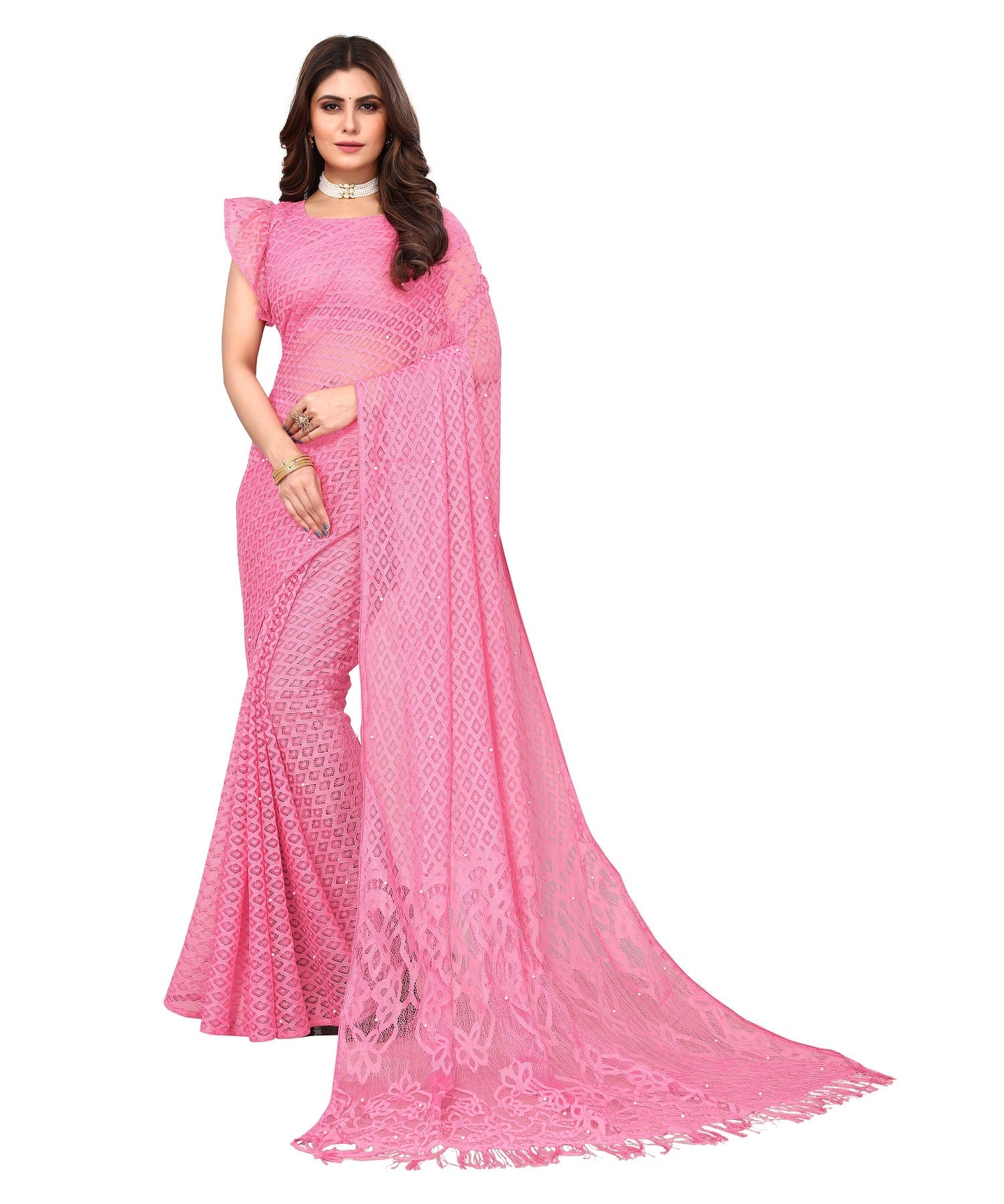 Vamika Net Brasso Pink Light Weight Trendy Look Bollywood Style Saree