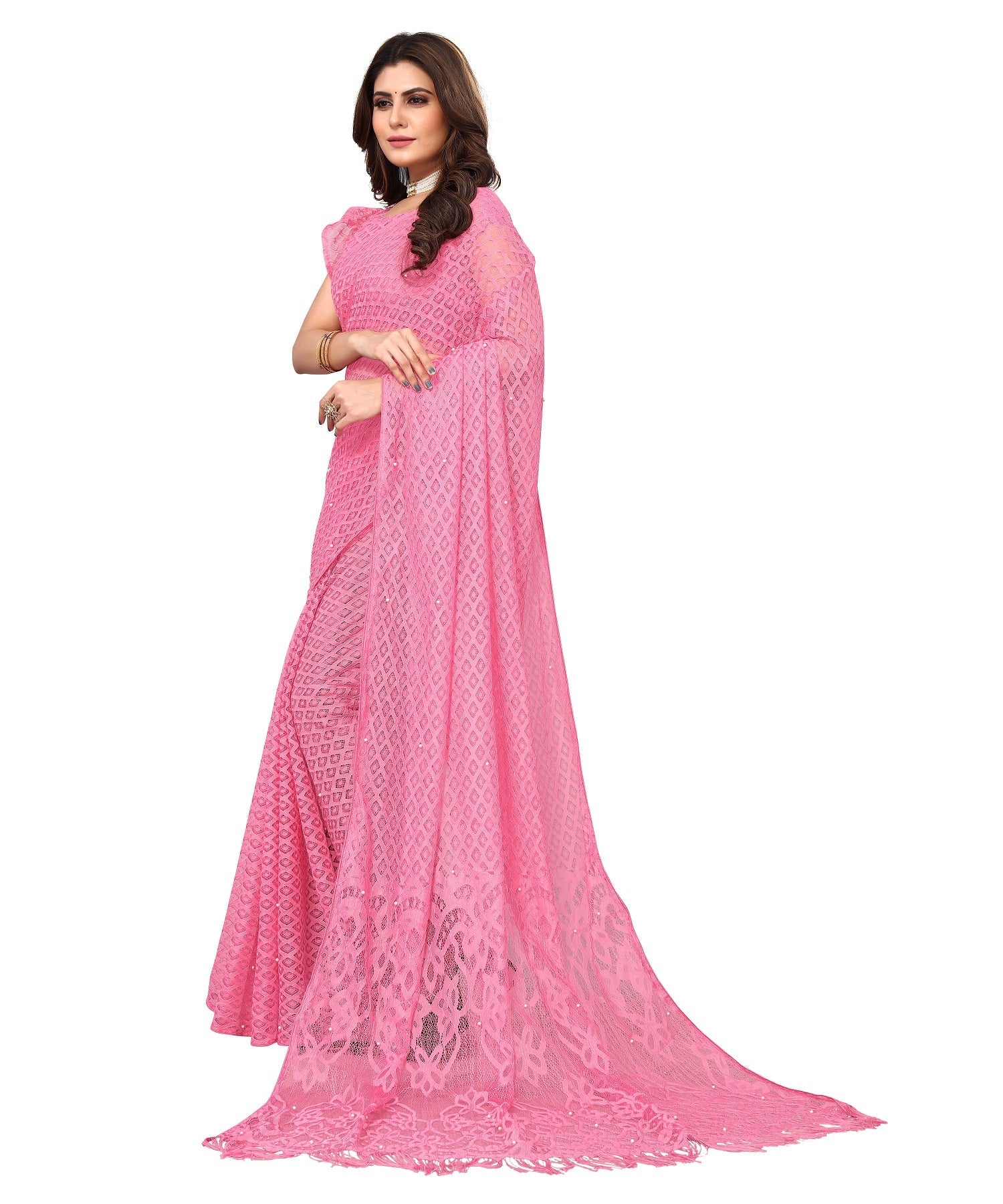 Vamika Net Brasso Pink Light Weight Trendy Look Bollywood Style Saree