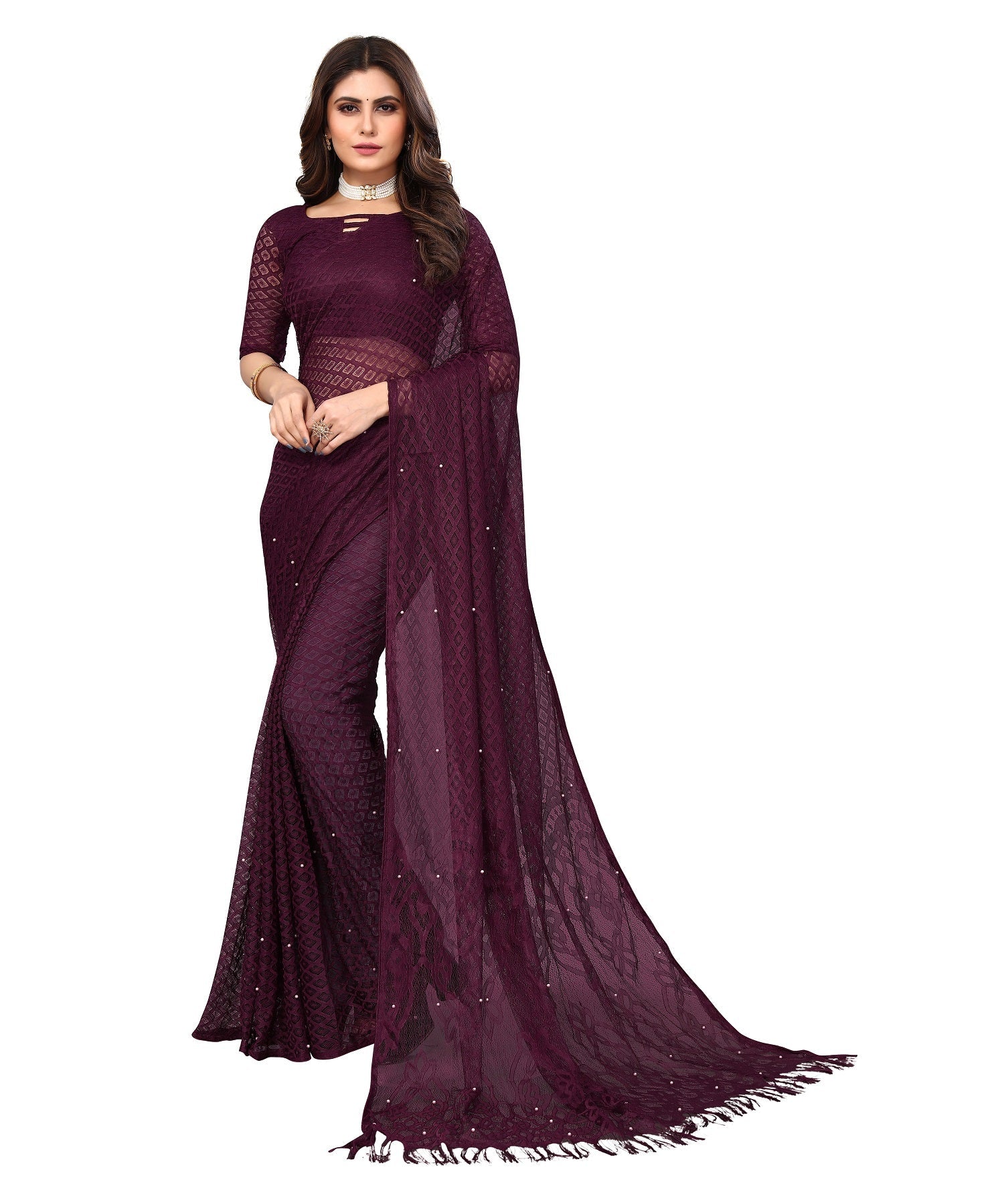 Vamika Net Brasso Purple Light Weight Trendy Look Bollywood Style Saree