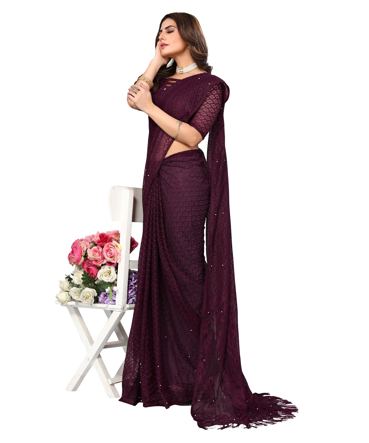 Vamika Net Brasso Purple Light Weight Trendy Look Bollywood Style Saree