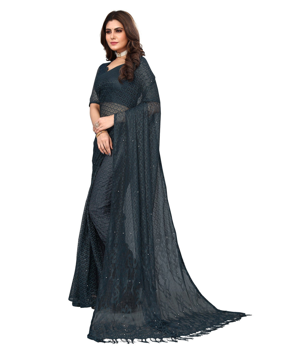 Vamika Net Brasso Rama Green Light Weight Trendy Look Bollywood Style Saree - Distacart