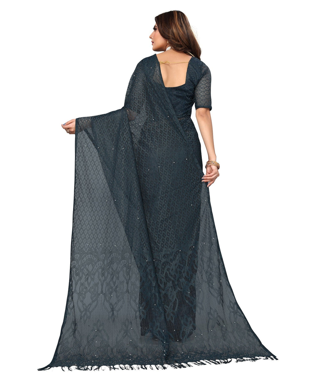 Vamika Net Brasso Rama Green Light Weight Trendy Look Bollywood Style Saree - Distacart