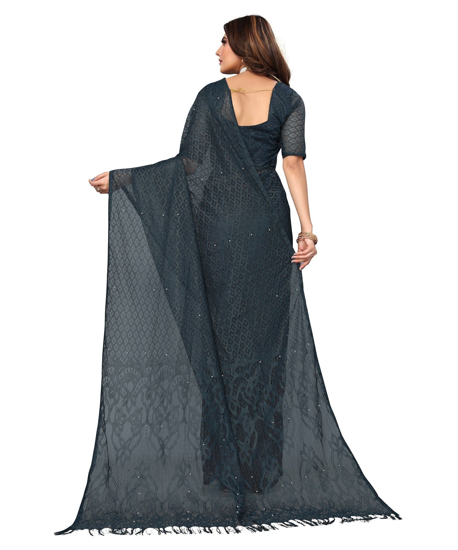 Vamika Net Brasso Rama Green Light Weight Trendy Look Bollywood Style Saree - Distacart