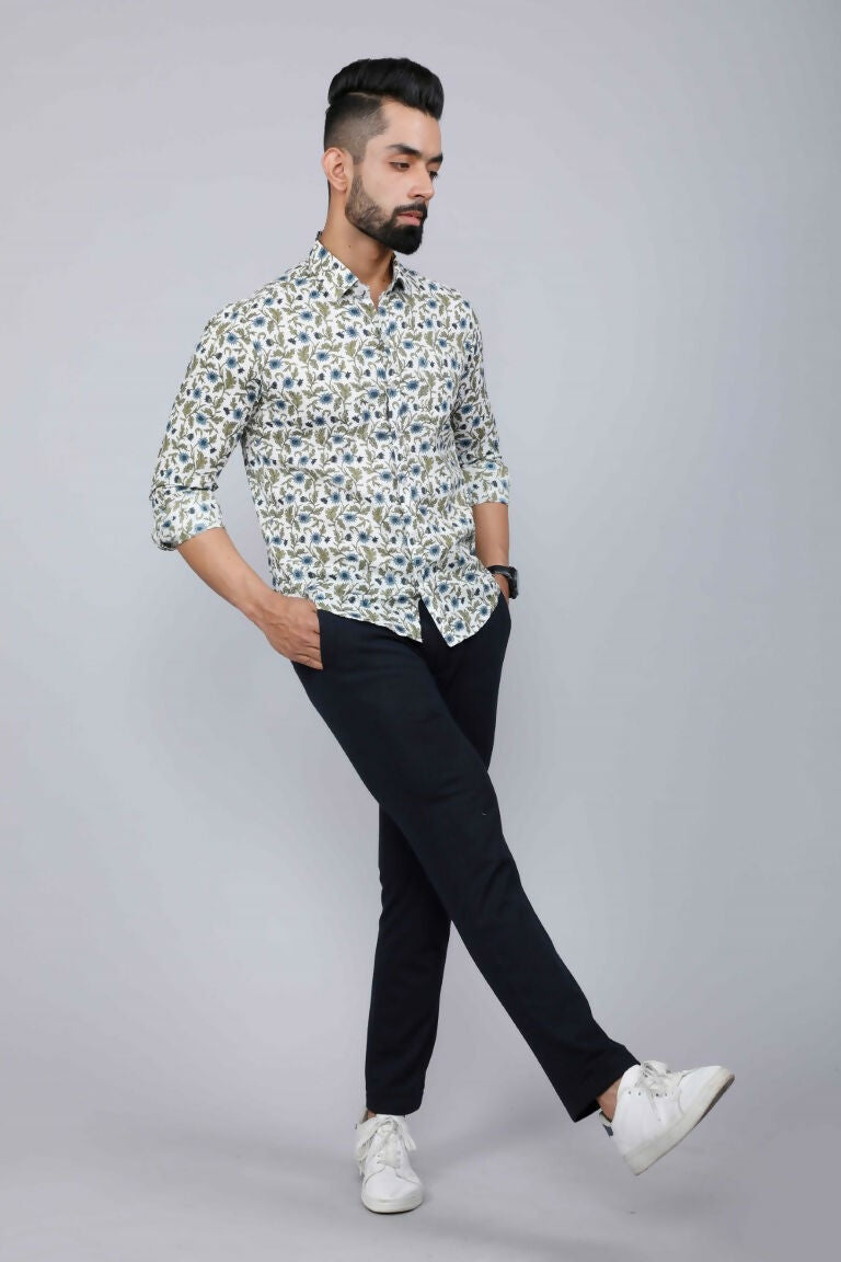 Miravan Men's White & Blue Floral Print Cotton Regular Fit Shirt
