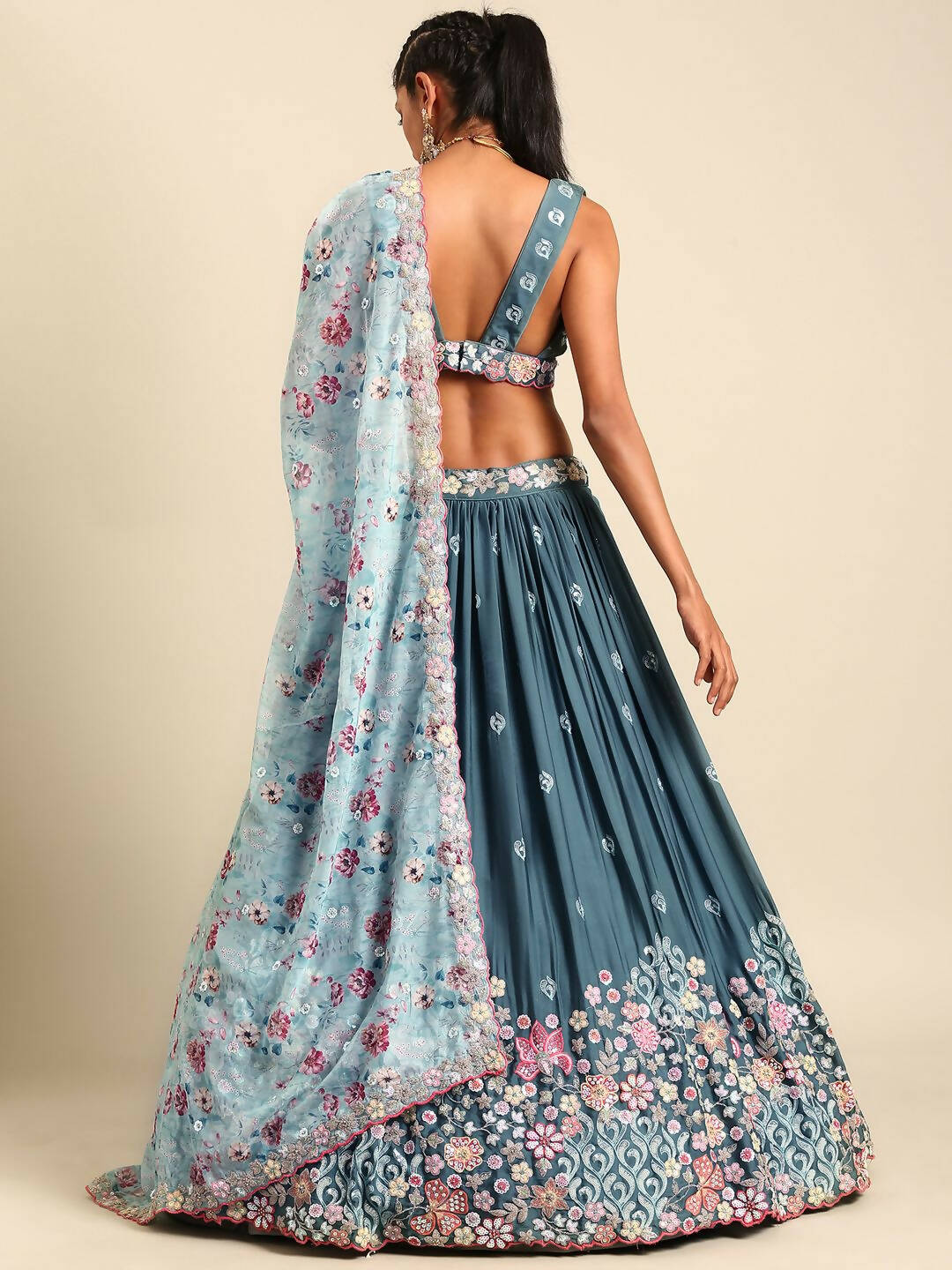 House of Panchhi Teal Blue Chinon Sequins embroidery Lehenga choli & Dupatta