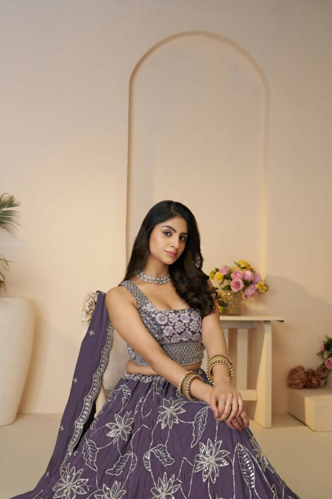Kesar Fab Purple Silk Embroidered Lehenga