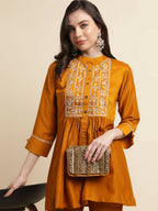 Mustard Chinon Floral Embroidered Top with Bottom - Maanushi