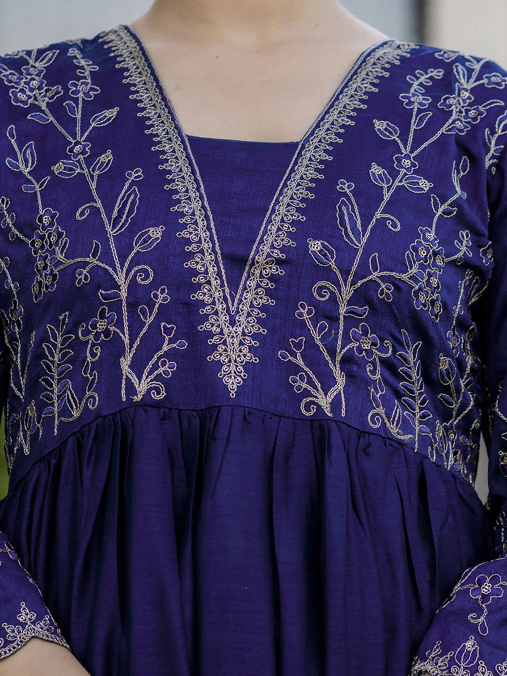 The52 Blue Women's Beautiful Embroidered Vichitra Silk Fabric with Flared Kurta, Pant and Dupatta Set - Distacart