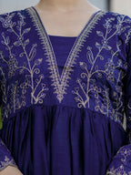The52 Blue Women's Beautiful Embroidered Vichitra Silk Fabric with Flared Kurta, Pant and Dupatta Set - Distacart
